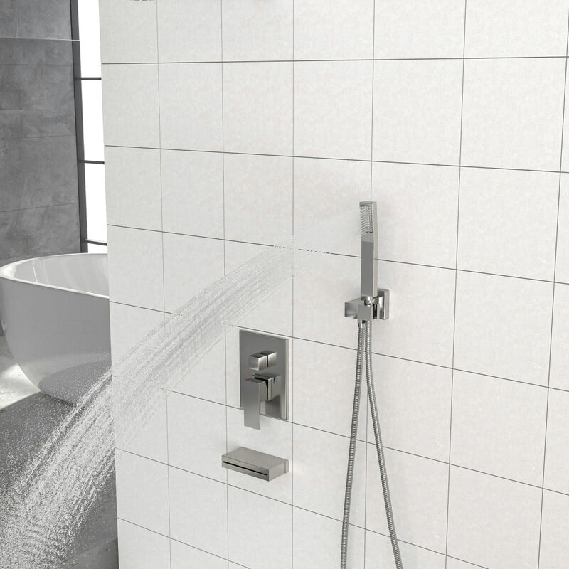 12" Rain Shower Head Systems With Waterfall Tub Spout, Brushed Nickel, Ceiling Mounted Shower