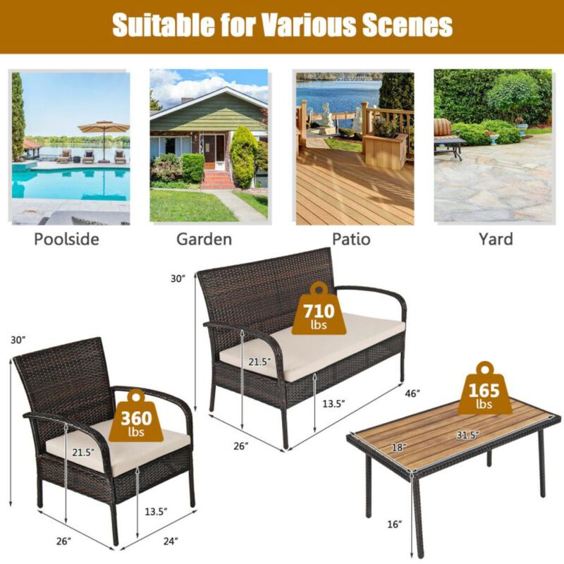 Hivvago 4 Pieces Patio Cushioned Wicker Conversation Set with Acacia Wood Tabletop