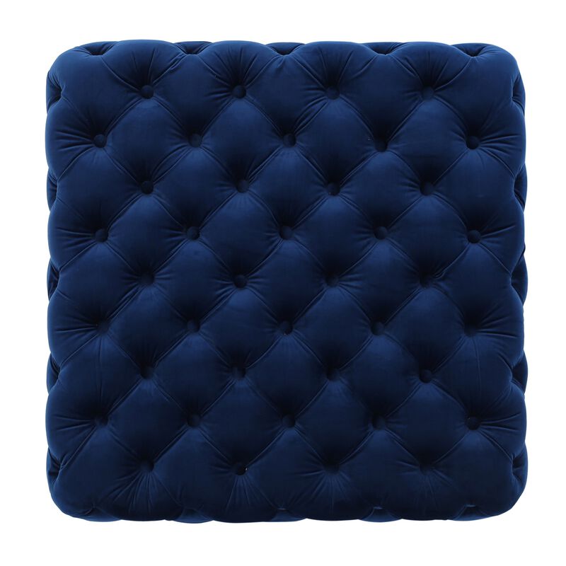 Ottoman, Modern Button Tufted, Navy Blue Velvet, 29 Inch Square Shape -Benzara