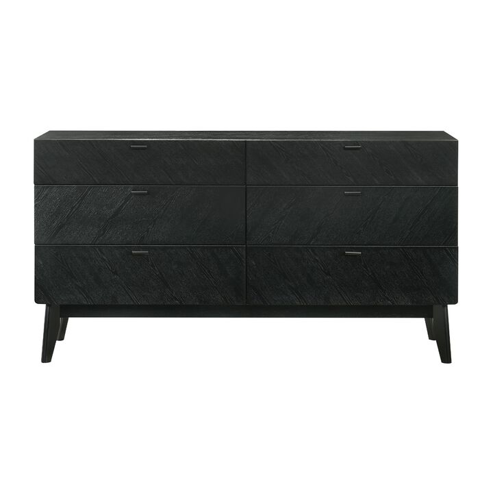 Saly 55 Inch Wide Dresser, 6 Drawer, Diagonal Wood Grain, Black Finish - Benzara