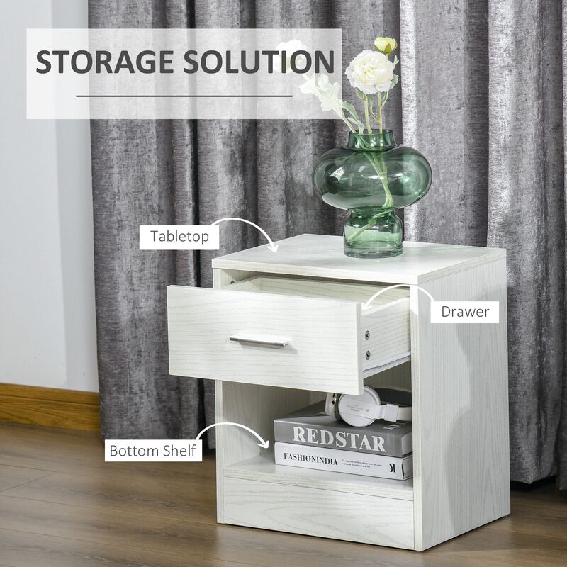 White Wood Bedside Table: Modern Nightstand with Drawer and Shelf