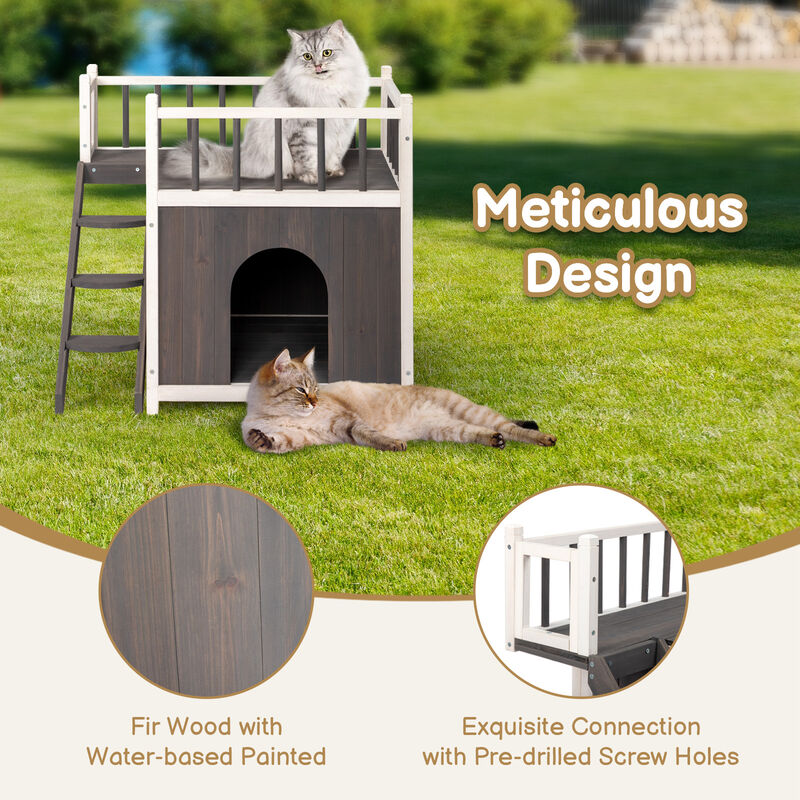 Wooden Outdoor Cat House with Stairs, 2-Tier Weatherproof Pet Shelter