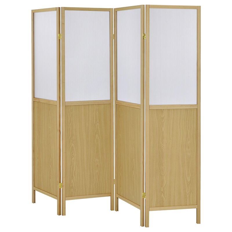 Matt 4 Panel Screen Room Divider, Folding Natural Brown, 70 Inch - Benzara