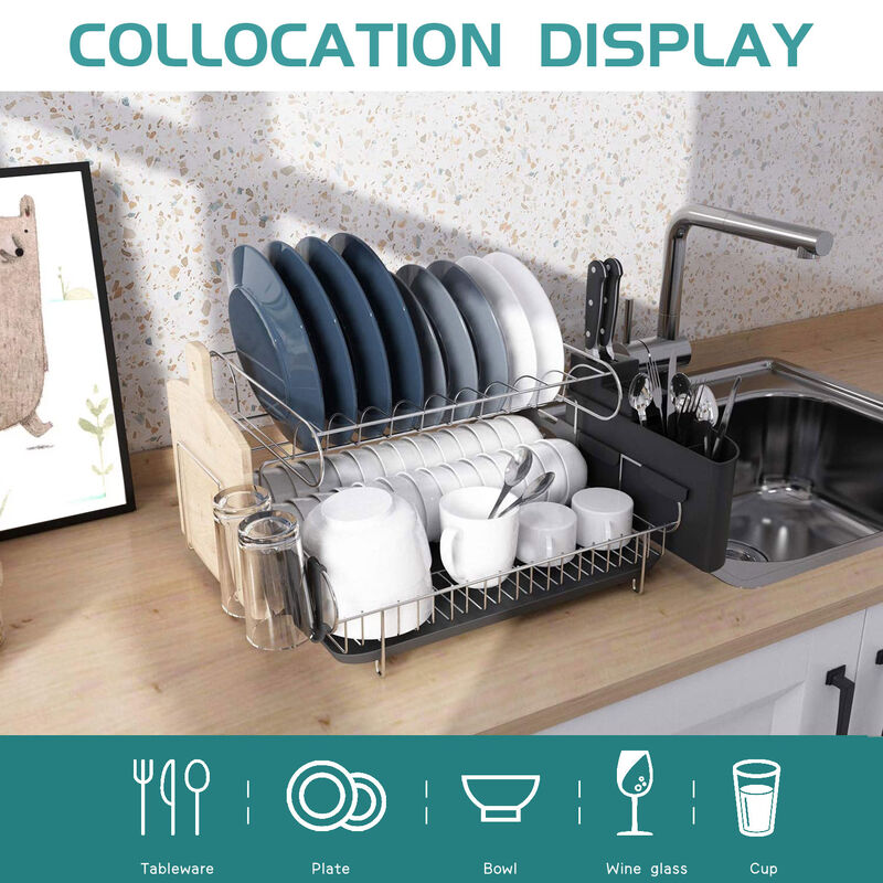 2 Tier Stainless Steel High Capacity Dish Drying Rack Set Kitchen Black
