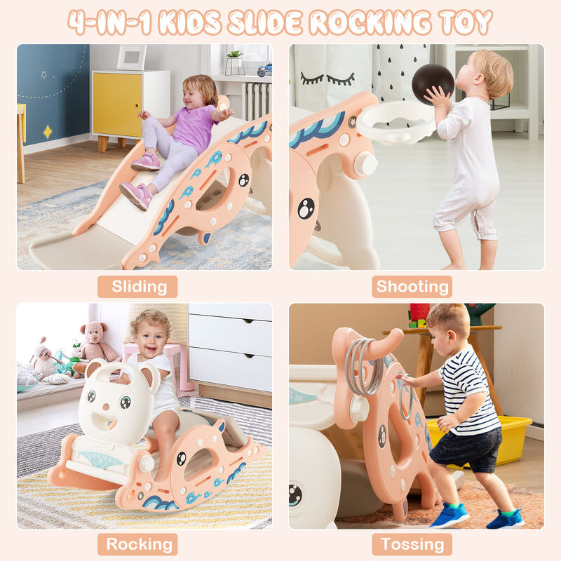 4-in-1 Kids Slide Rocking Horse with Basketball and Ring Toss
