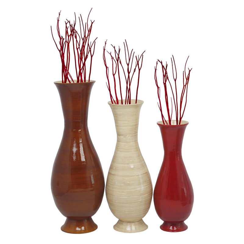 Tall Modern Decorative Floor Vase: Handmade, Natural Bamboo Finish, Contemporary Home Décor, Handcrafted Bamboo, Elegant Interior Design, Bamboo Craftsmanship, Statement Piece for Modern Spaces, Set of 3