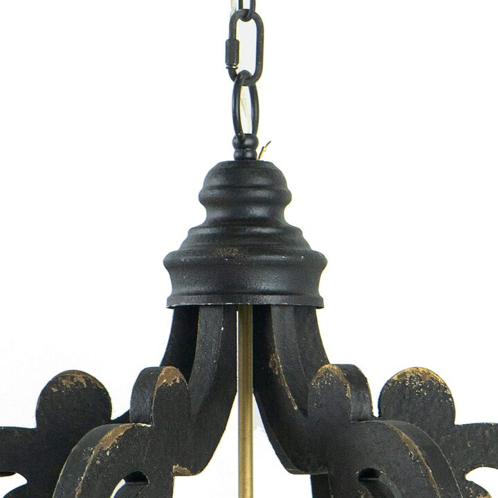 Aki 21 Inch Carved Wood Chandelier, 6 Lights, Vintage Classic, Black, Gold-Benzara