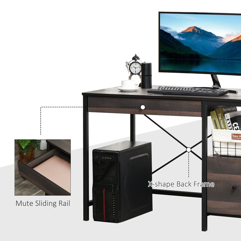 Walnut Brown Office Desk: PC Study Table with File Drawer