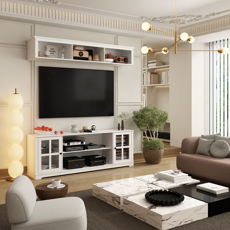 White Wooden TV Stand Fits TV's up to 75 in. with Open Shelves and Tempered Glass Door Cabinet