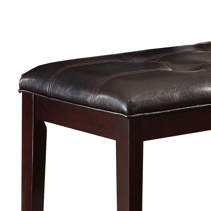 Button Tufted Faux Leather Upholstered Wooden Bench, Espresso Brown - Benzara