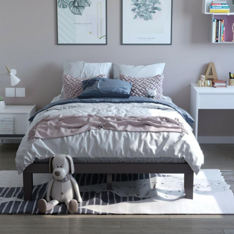 Hivvago 14 Inch Queen Size Rubber Wood Platform Bed Frame with Wood Slat Support