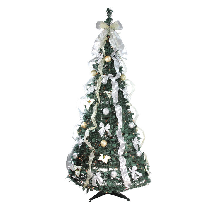 6' Pre-Lit Silver and Gold Pre-Decorated Pop-Up Artificial Christmas Tree  Clear Lights