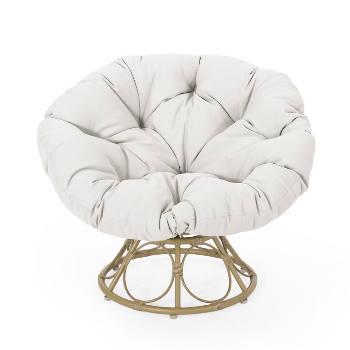 Leos Swivel Outdoor Chair, Soft Gray Polyester Cushion, Brown Rattan -Benzara