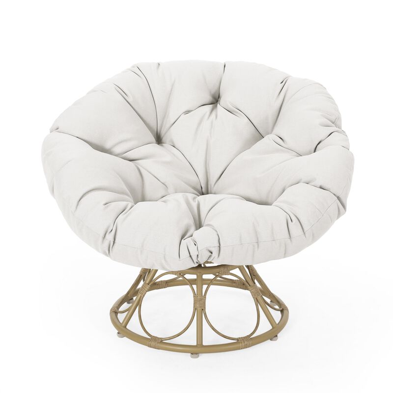 Leos Swivel Outdoor Chair, Soft Gray Polyester Cushion, Brown Rattan -Benzara