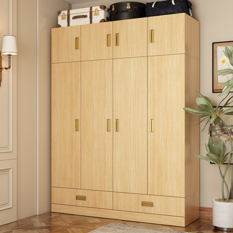 FUFU&GAGA Natural Wood 4-Door Wardrobe, MDF & Rubberwood Construction (63" W x 66.9" H x 18.1" D), Natural Wood Finish