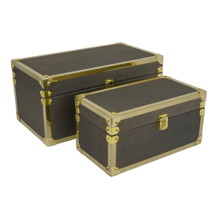 Mecca Storage Box Set of 2, Rivet Accents, Gold Metal, Bronze Wood - Benzara