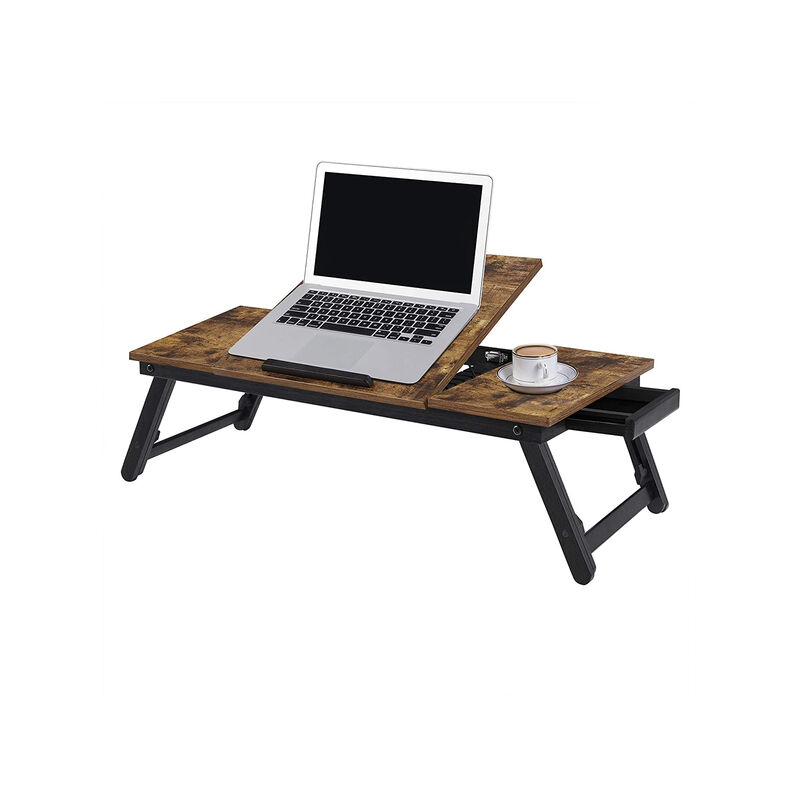 Rustic Dark Brown Laptop Desk - Adjustable Tilt Top, Folding Legs, and Drawer for Bed, Sofa, and Breakfast