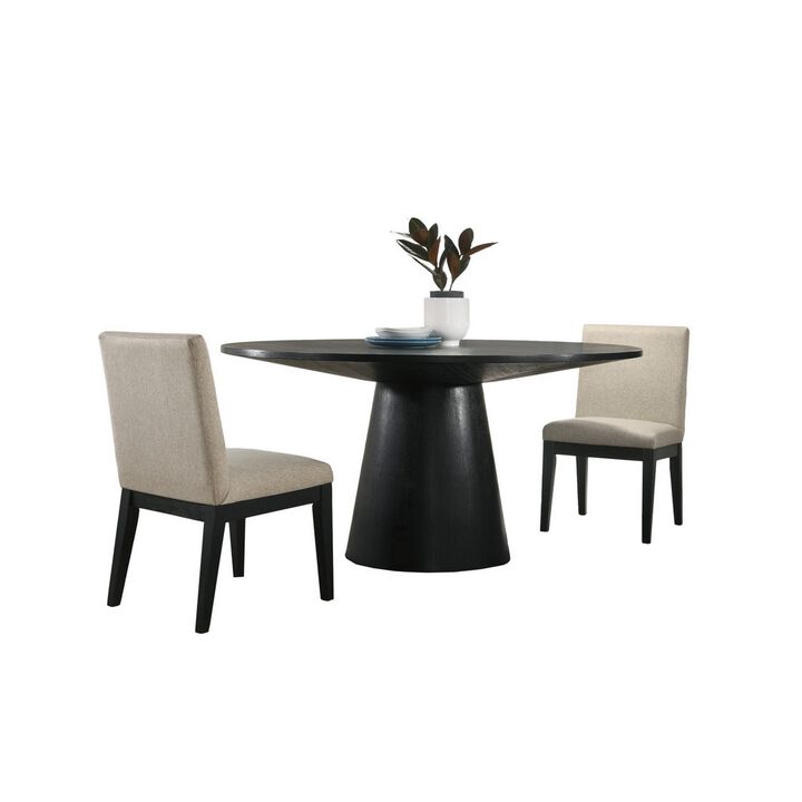 3 Piece Wood Dining Table Set, Padded Backrests, Round Surface, Beige - Benzara