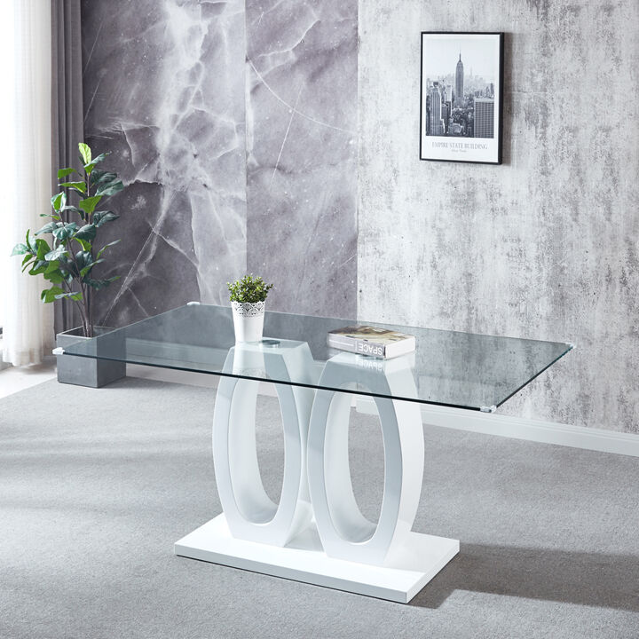 Modern Design Wood Dining Table With Finish, Clear Glass Top, For 6 People