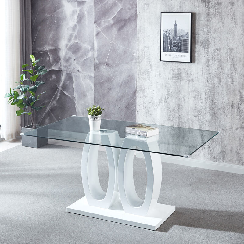 Modern Design Wood Dining Table With Finish, Clear Glass Top, For 6 People