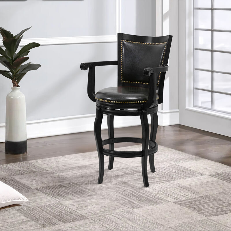 Hugo 29 Inch 360-Degree Swivel Barstool, Wood, Open Rolled Arms, Black-Benzara
