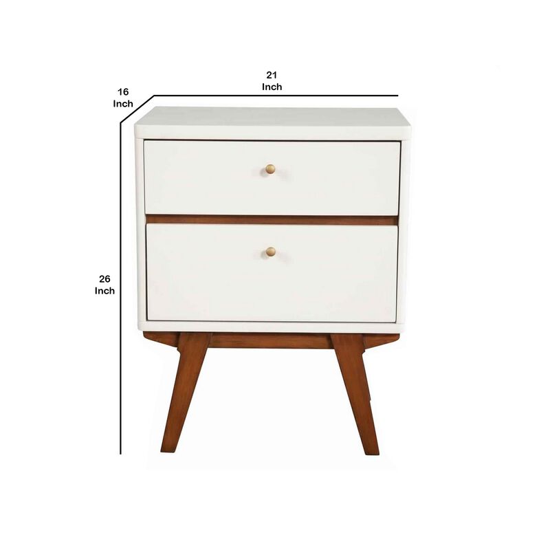 2 Drawer Wooden Nightstand with Angled Legs, White and Brown-Benzara