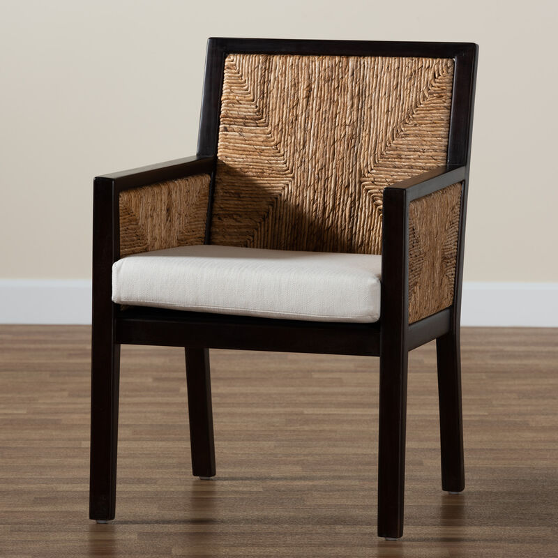 Bali & Pari Joana Modern Dark Brown Mahogany Wood and Natural Seagrass Dining Arm Chair