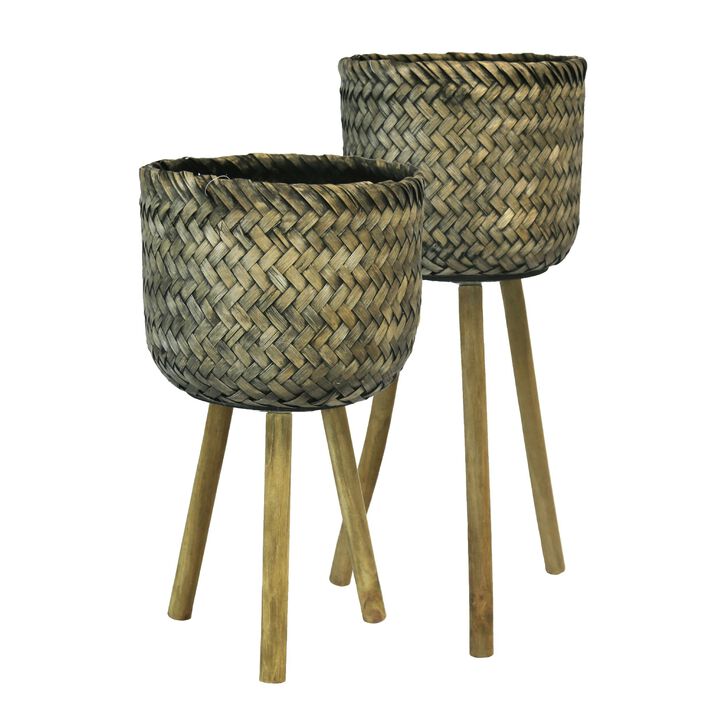 Basket Shape Bamboo Planters on Flared Wooden Stand, Rustic Brown, Set Of Two-Benzara