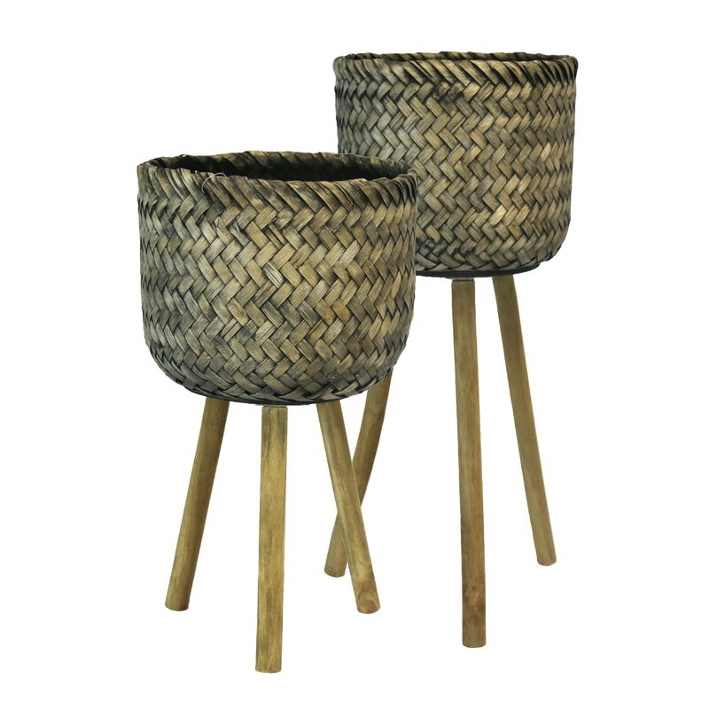 Basket Shape Bamboo Planters on Flared Wooden Stand, Rustic Brown, Set Of Two-Benzara