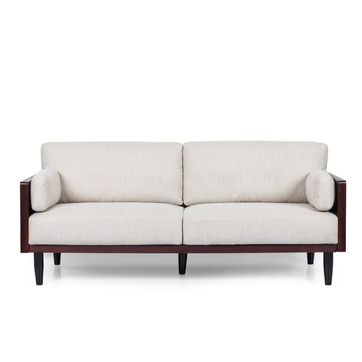 Sofa, 77 Inch, 2 Seater, Retro Style Tapered Wood Legs, Plush Beige - Benzara