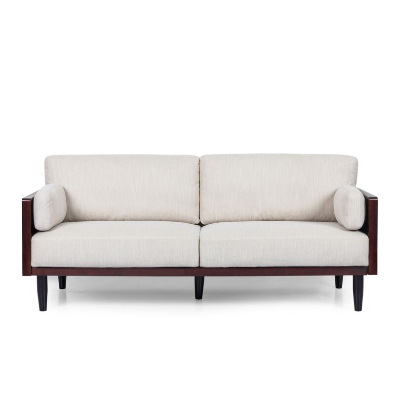 Sofa, 77 Inch, 2 Seater, Retro Style Tapered Wood Legs, Plush Beige - Benzara