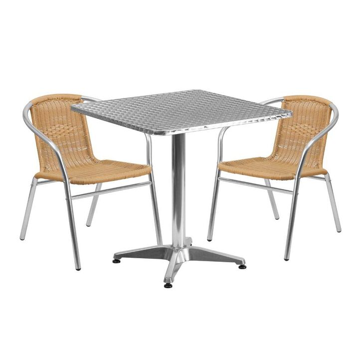 Flash Furniture 27.5'' Square Aluminum Indoor-Outdoor Table Set with 2 Beige Rattan Chairs