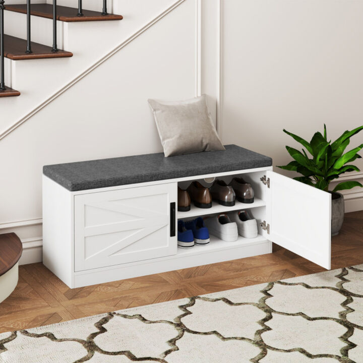 Shoe Bench with Cushion Farmhouse Shoe Rack Organizer with 2 Barn Doors