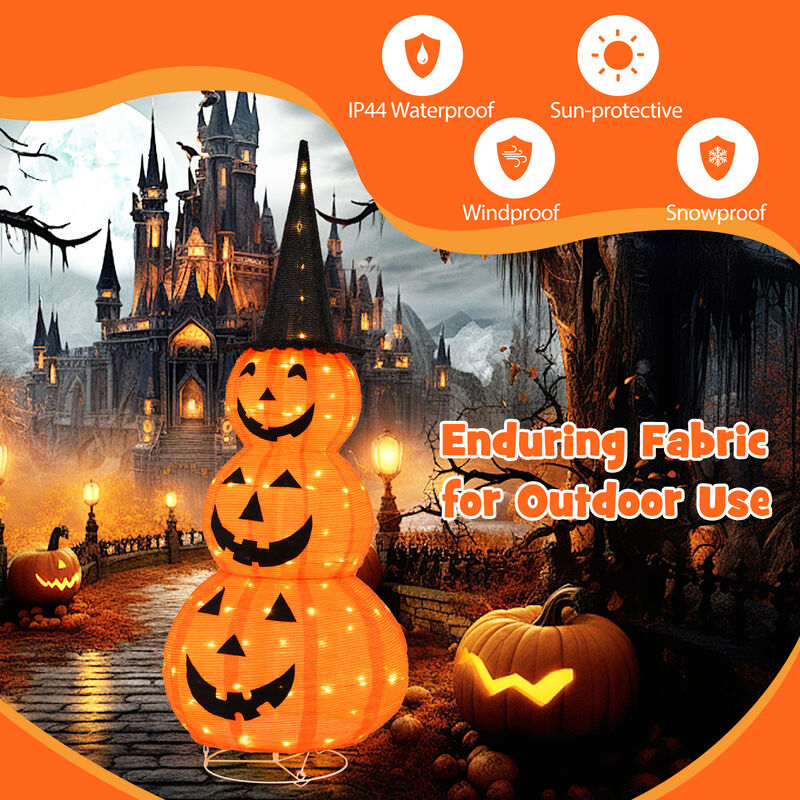 Lighted Stacked Pumpkins Halloween Decoration with Witch Hat