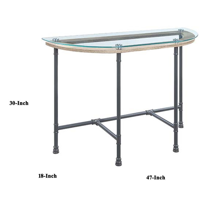 Wood Side Table, Oval Tempered Glass Top, Metal Pipe Style Legs, Clear Glass, Sandy Gray-Benzara