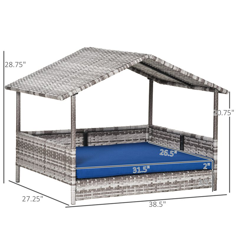 Dark Blue Pet Bed: Wicker Rattan House for Indoor/Outdoor Use