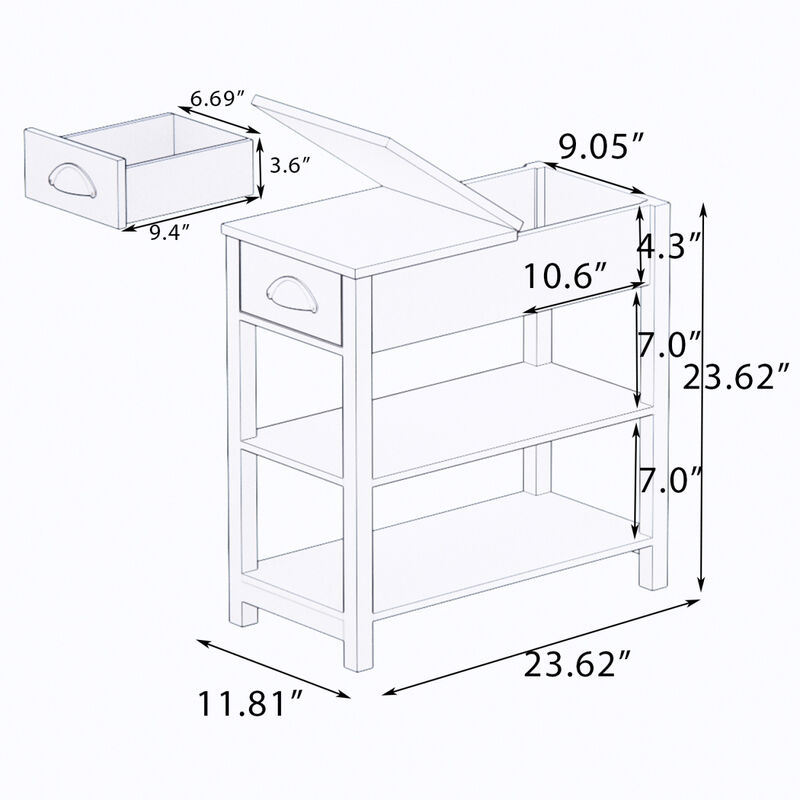 Narrow Sided Table With Drawers And Bottom Partition In Flip Over Design - White