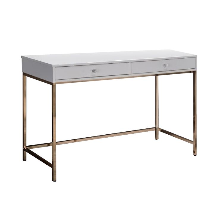 47 Inch Desk Console Table, 2 Drawers, Metal Frame, White, Gold-Benzara