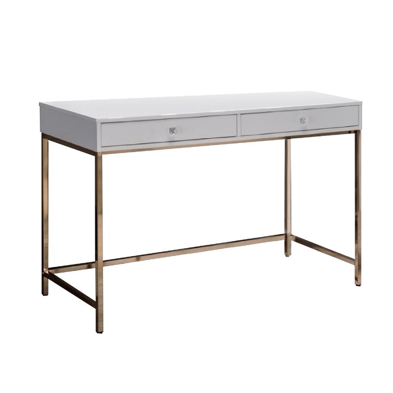 47 Inch Desk Console Table, 2 Drawers, Metal Frame, White, Gold-Benzara