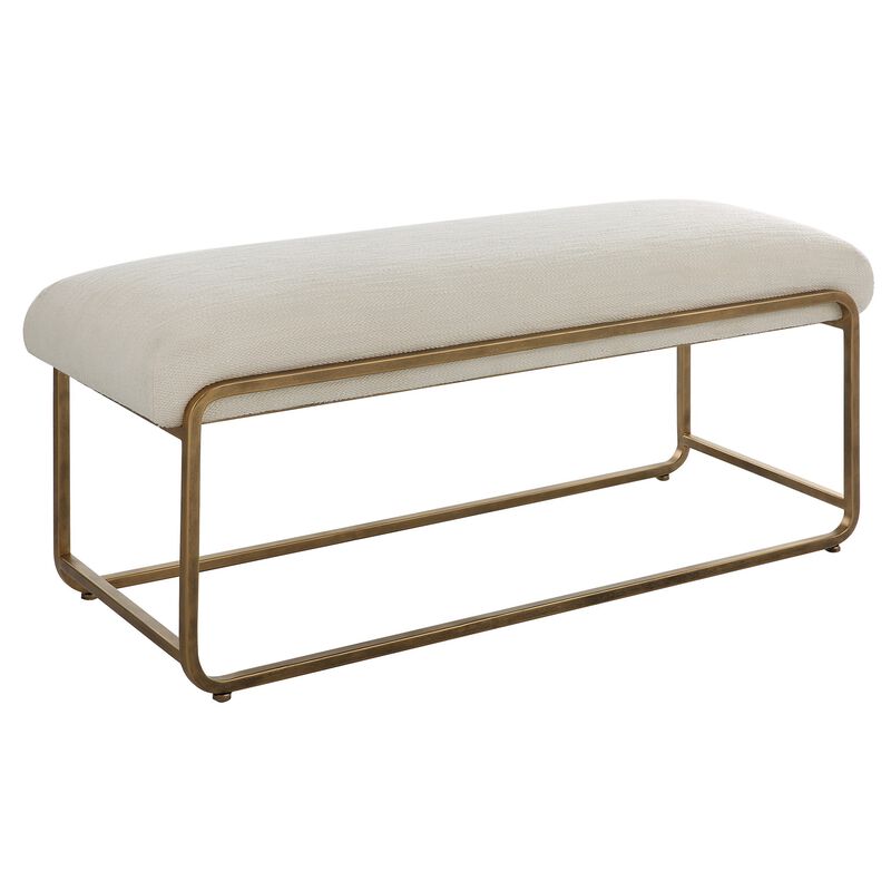 47 Inch Accent Stool, Cushioned, Antique Brushed Brass Frame, Off White - Benzara