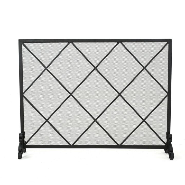 Fireplace Screen, Classic Diamond Shape with Mesh, 41x32 Black Finish -Benzara