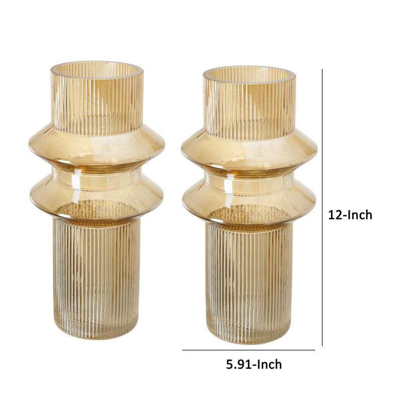 Rae Set of 2 Glass Vases, Tall Round Cylinders, Amber Yellow, Clear Finish-Benzara