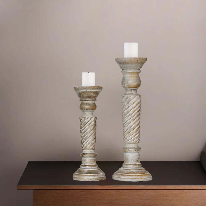 BBH Homes Traditional Gray Wash Eco-friendly Handmade Mango Wood Set Of Two 12" & 15" Pillar Candle Holder