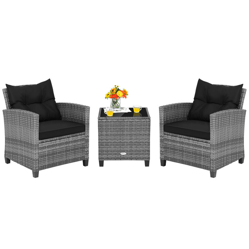 3 Pieces Outdoor Wicker Conversation Set with Tempered Glass Tabletop