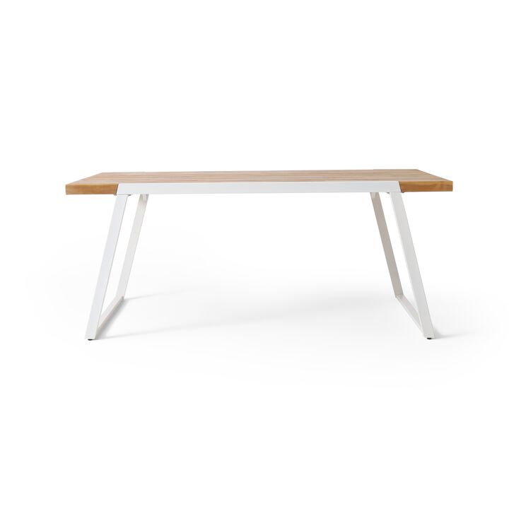 Outdoor Dining Table, Splayed White Sled Base, 71 Inch Acacia Wood - Benzara