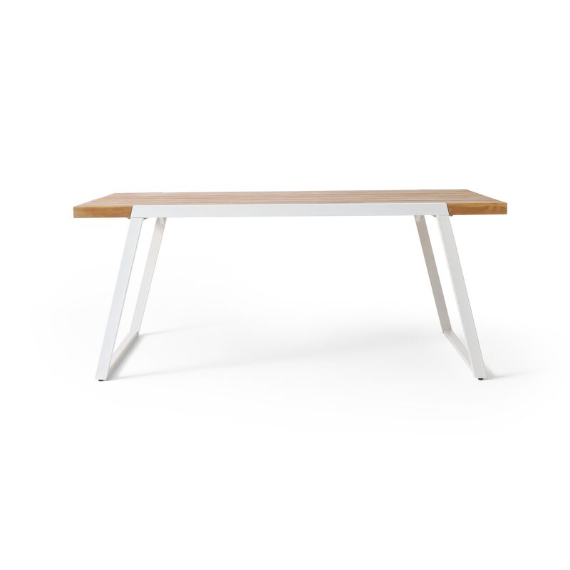 Outdoor Dining Table, Splayed White Sled Base, 71 Inch Acacia Wood - Benzara