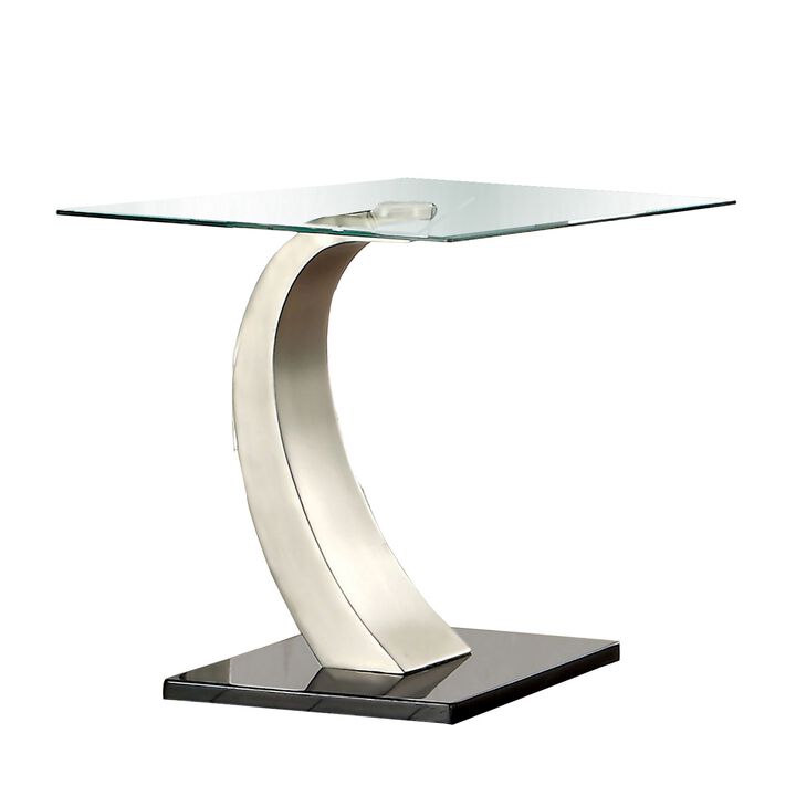 Glass Top End Table with Curved Pedestal Base, Black and Gray-Benzara