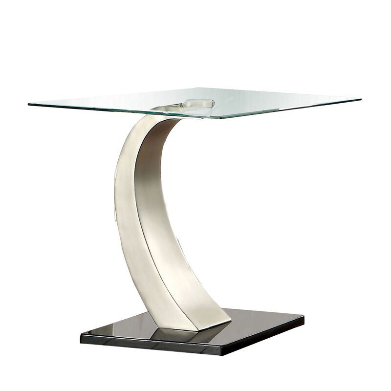 Glass Top End Table with Curved Pedestal Base, Black and Gray-Benzara