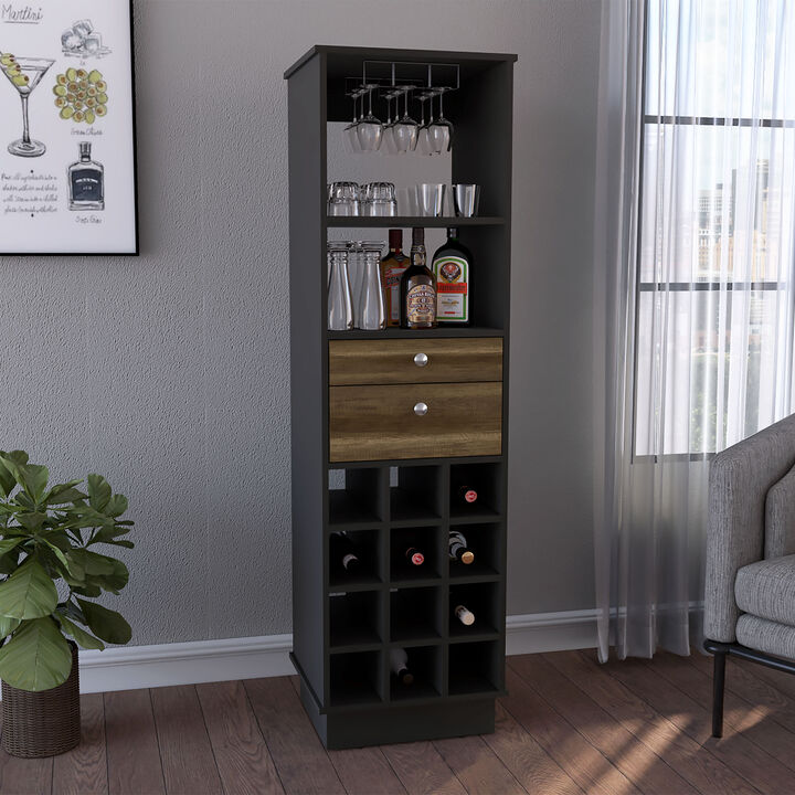 DEPOT E-SHOP Zircon Bar Cabinet, Twelve Built-in Wine Rack, Two Drawers, Black/Walnut