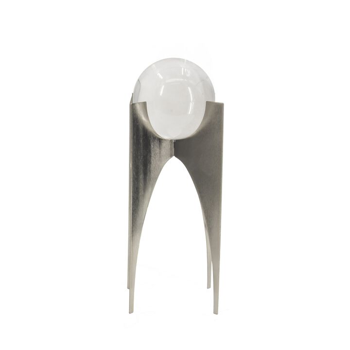 13, 10 Inch Crystal Orb Accent Decor Set of 2, Metal Stand, Art Deco-Benzara